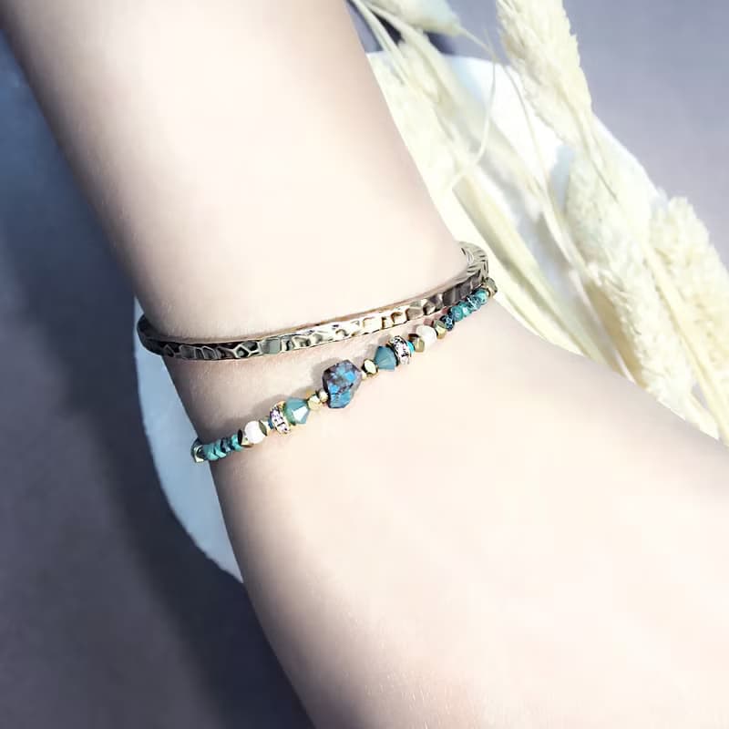 VIIART。貴族-綠。綠松石天然孔雀石珍珠鋯石黃銅手鍊