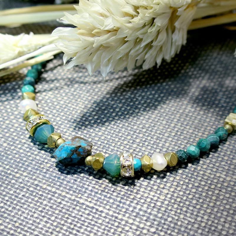VIIART。貴族-綠。綠松石天然孔雀石珍珠鋯石黃銅手鍊
