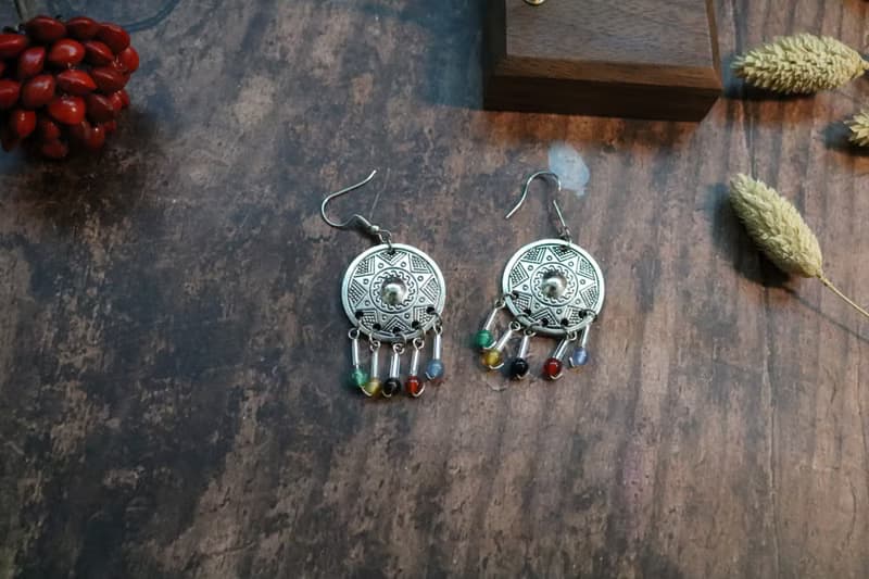 古銀小玉石耳環中國風復古耳飾