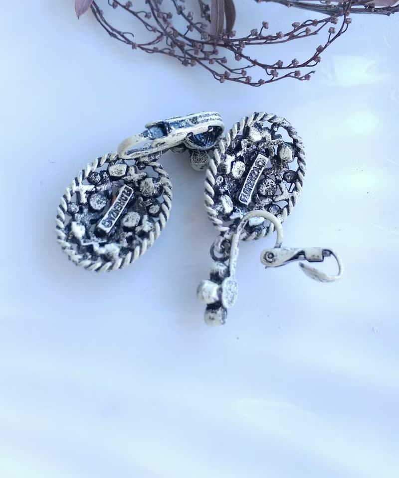 Vintage Jewelry 西洋古董飾品 FLORENZA  黑白琺瑯 夾式耳環