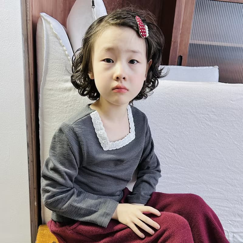 蕾絲方領純棉長袖上衣 / 童裝
