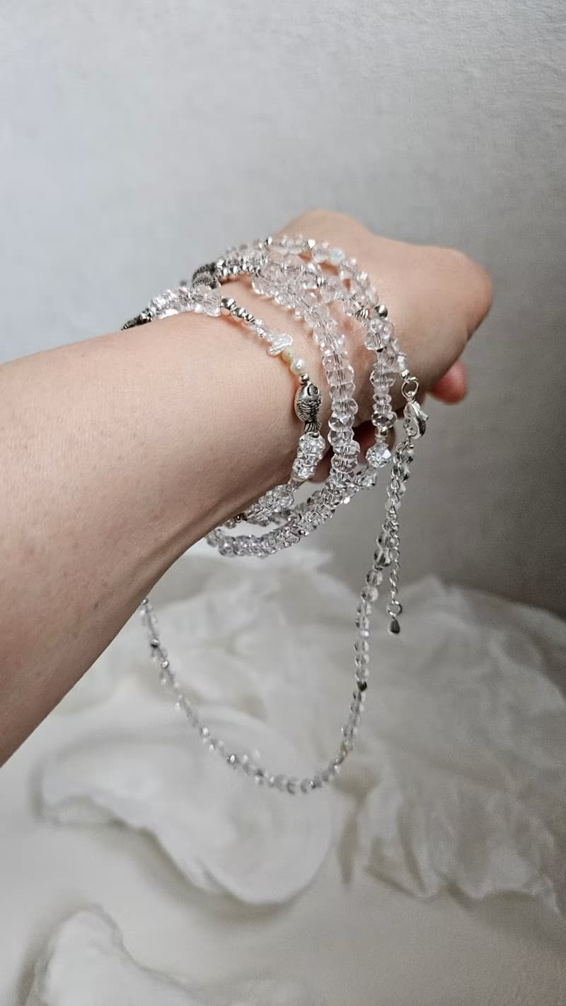 (多圈)(天然石水晶手鍊)(白水晶x赫基蒙白水晶x淡水珍珠x白蝶