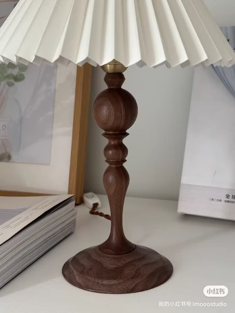 法式中古 百褶實木檯燈 手工製作
