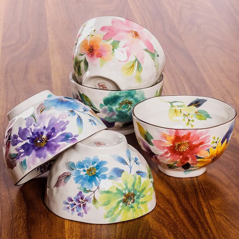 日本製美濃燒和藍水彩花家用花卉陶瓷餐具米飯碗湯碗節日送禮盒裝