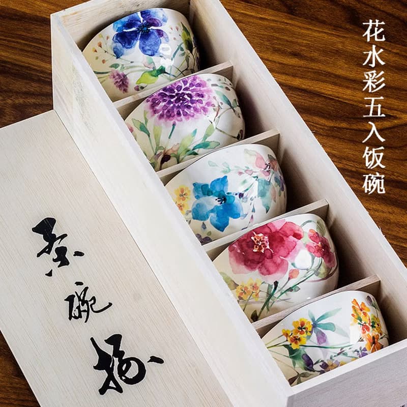 日本製美濃燒和藍水彩花家用花卉陶瓷餐具米飯碗湯碗節日送禮盒裝