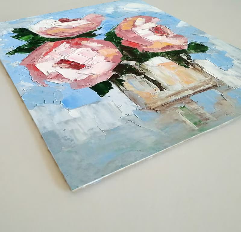 Flower Bouquet Original Painting, Roses Floral Wall Art, Gift for Her. 手工油畫, 油畫原