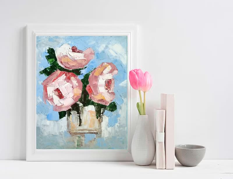 Flower Bouquet Original Painting, Roses Floral Wall Art, Gift for Her. 手工油畫, 油畫原