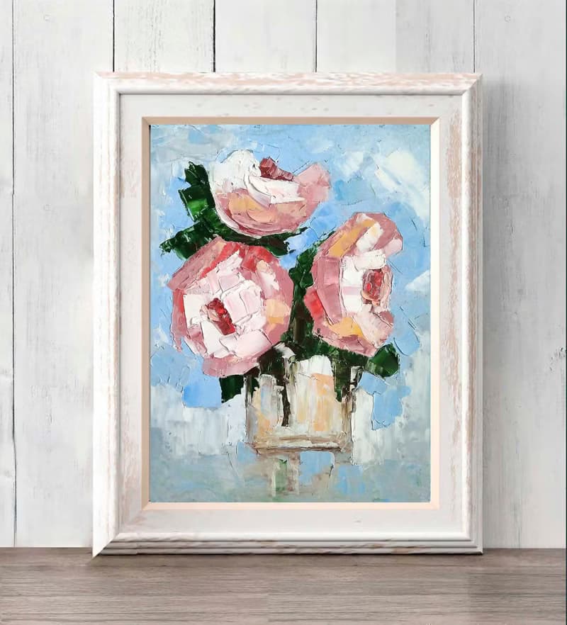 Flower Bouquet Original Painting, Roses Floral Wall Art, Gift for Her. 手工油畫, 油畫原