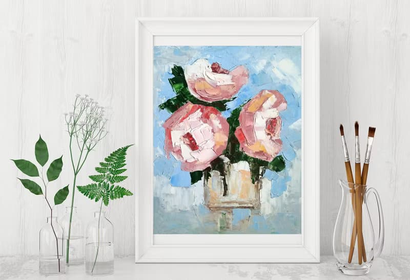 Flower Bouquet Original Painting, Roses Floral Wall Art, Gift for Her. 手工油畫, 油畫原