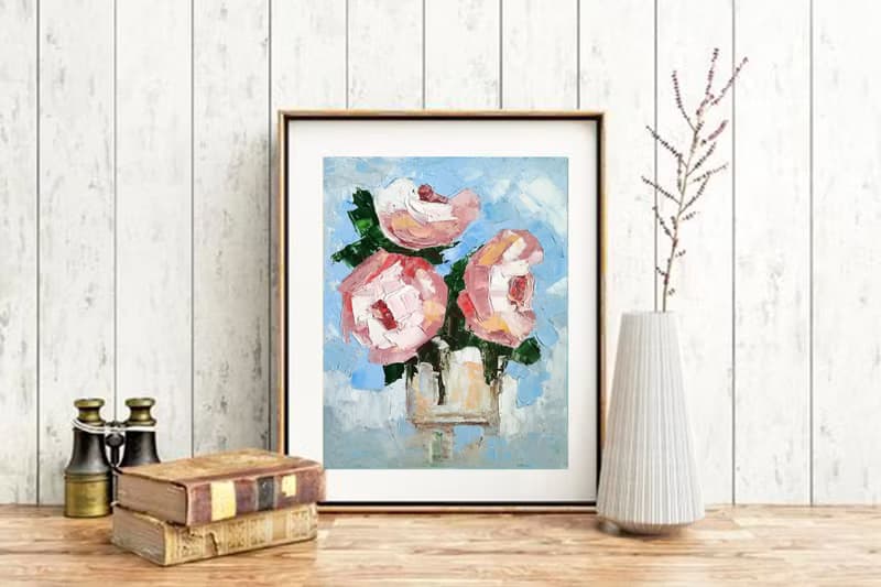 Flower Bouquet Original Painting, Roses Floral Wall Art, Gift for Her. 手工油畫, 油畫原