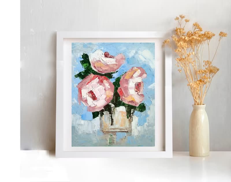 Flower Bouquet Original Painting, Roses Floral Wall Art, Gift for Her. 手工油畫, 油畫原
