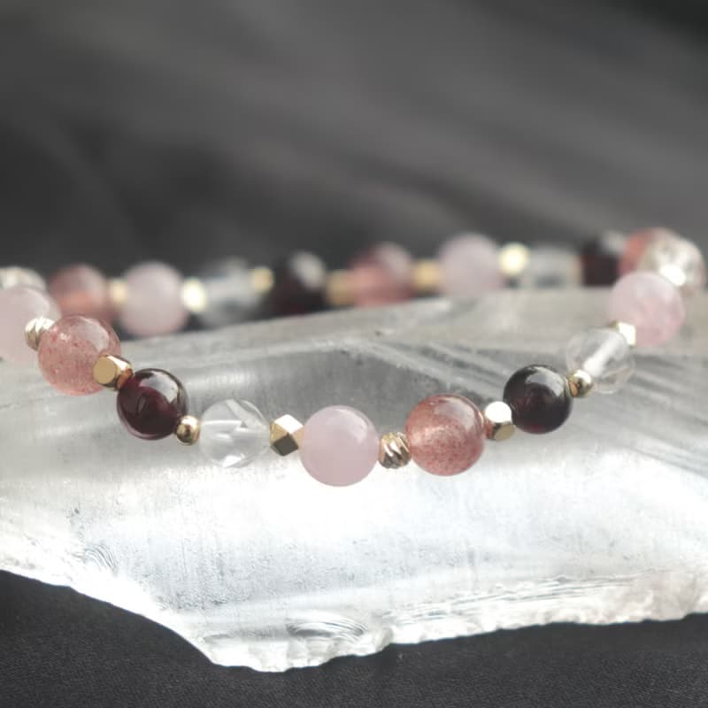 粉晶-草莓晶-石榴石-白水晶-招財-開運-水晶手鍊