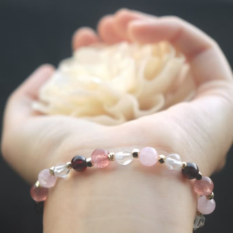 粉晶-草莓晶-石榴石-白水晶-招財-開運-水晶手鍊