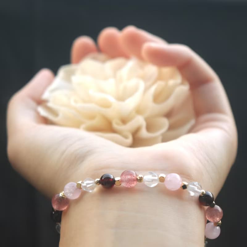 粉晶-草莓晶-石榴石-白水晶-招財-開運-水晶手鍊