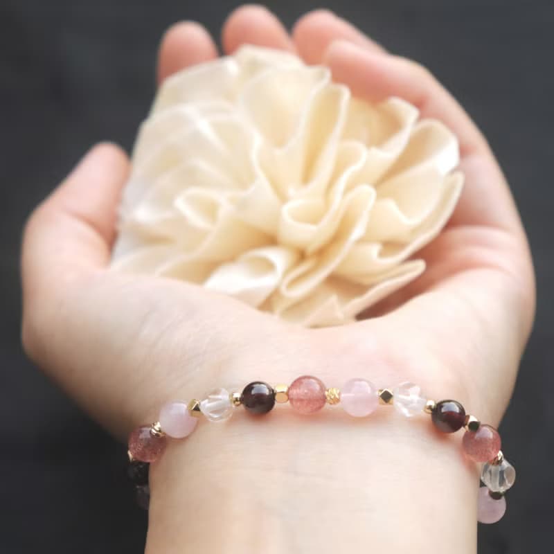 粉晶-草莓晶-石榴石-白水晶-招財-開運-水晶手鍊