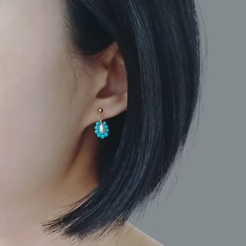 頂級睡美人土耳其石綠松石 淡水珍珠 14Kgf 包金復古小垂墜耳環