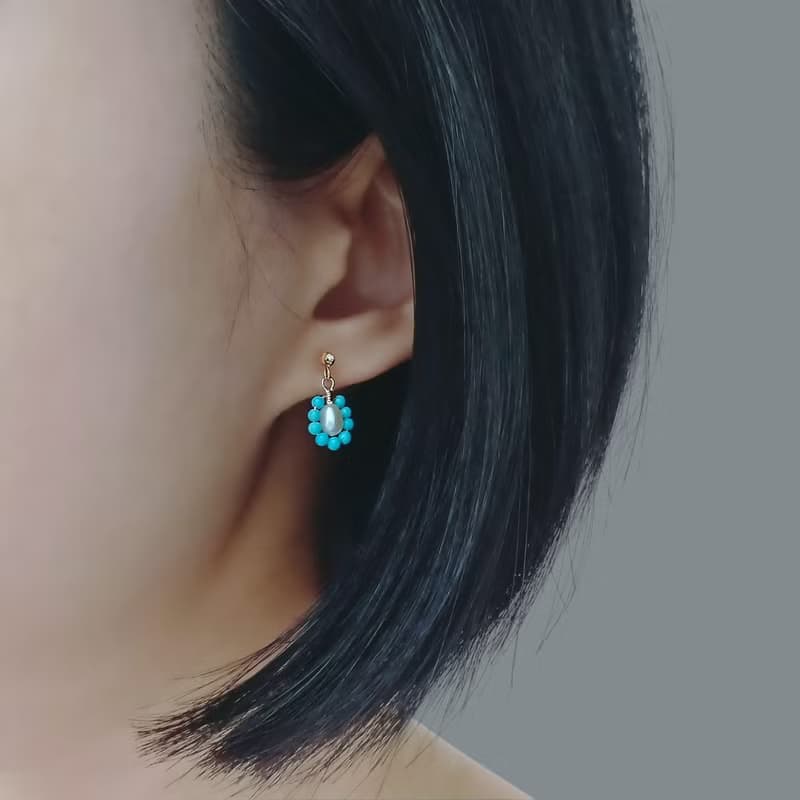 頂級睡美人土耳其石綠松石 淡水珍珠 14Kgf 包金復古小垂墜耳環