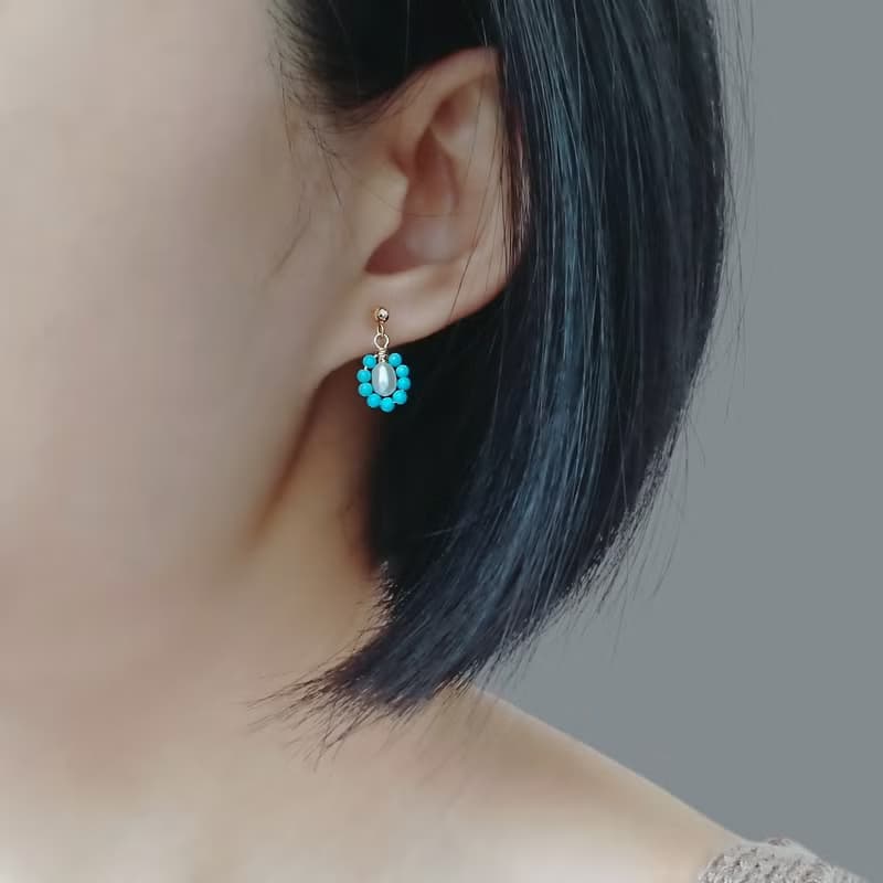 頂級睡美人土耳其石綠松石 淡水珍珠 14Kgf 包金復古小垂墜耳環