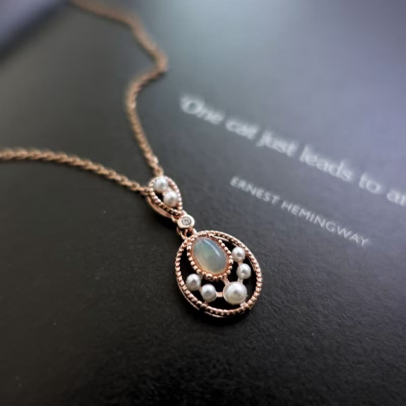 天然蛋白石 日式精品設計款 柔美玫瑰金 純銀項鍊 禮物首選