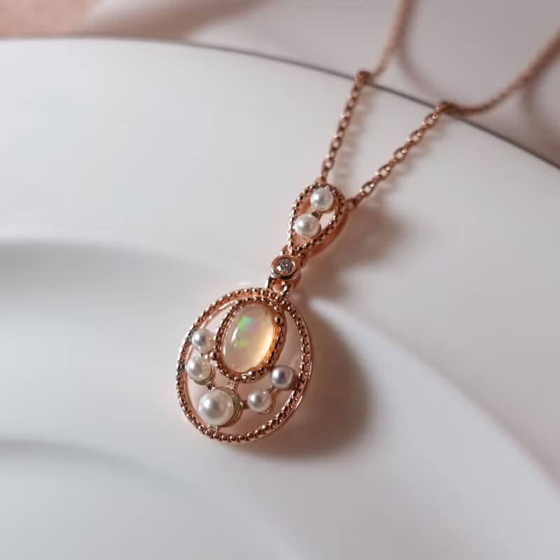 天然蛋白石 日式精品設計款 柔美玫瑰金 純銀項鍊 禮物首選