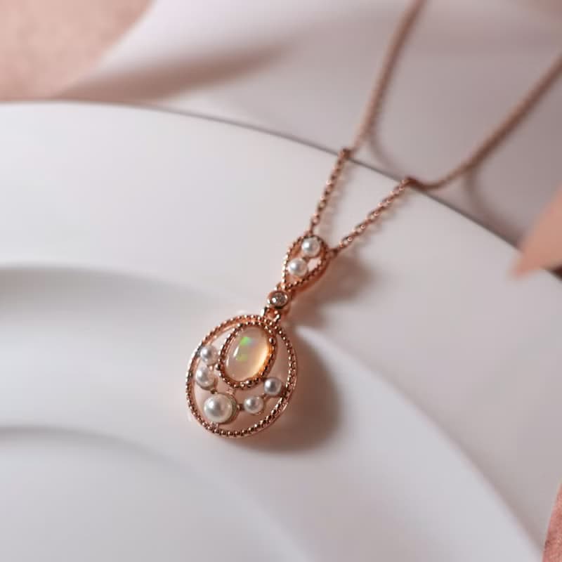 天然蛋白石 日式精品設計款 柔美玫瑰金 純銀項鍊 禮物首選