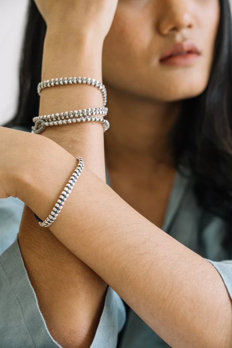 Silver beads and waxed cotton cord wraparound unisex bracelet  (B0082L)