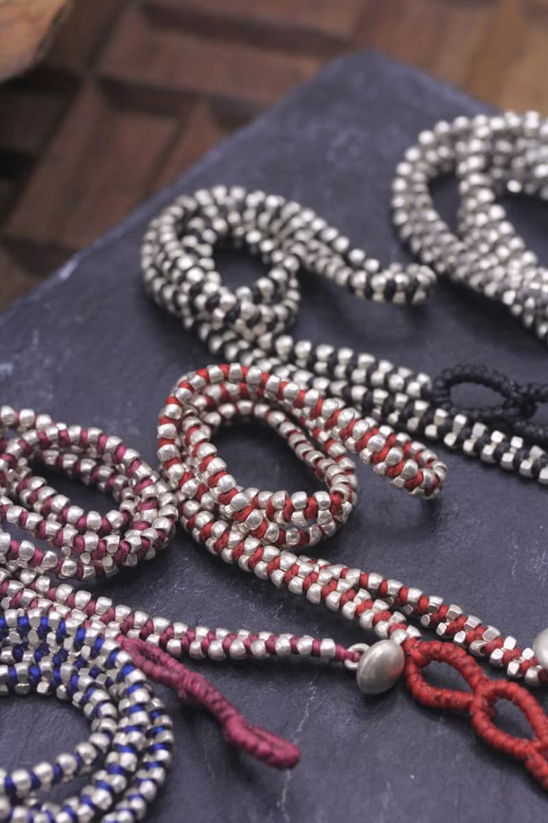 Silver beads and waxed cotton cord wraparound unisex bracelet  (B0082L)