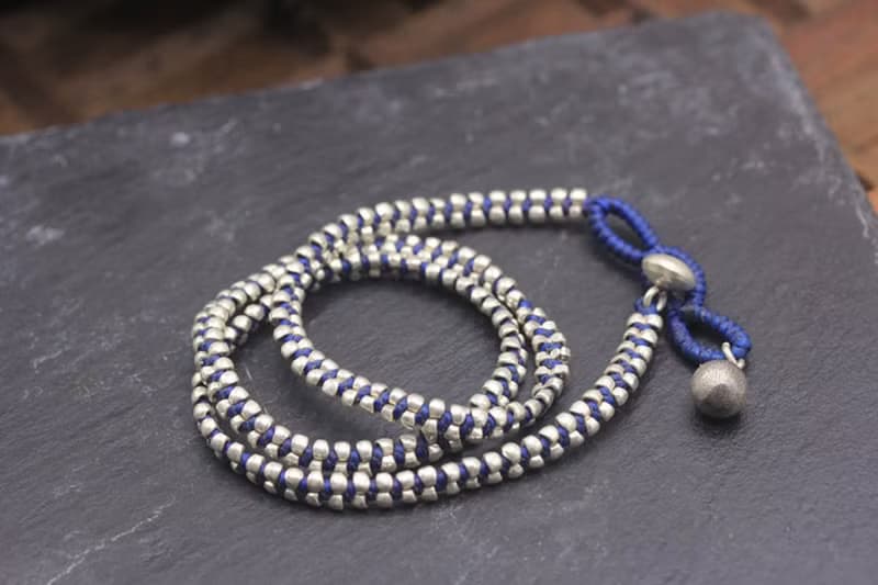Silver beads and waxed cotton cord wraparound unisex bracelet  (B0082L)