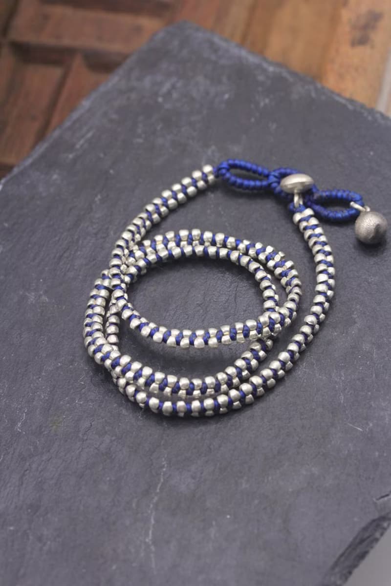 Silver beads and waxed cotton cord wraparound unisex bracelet  (B0082L)
