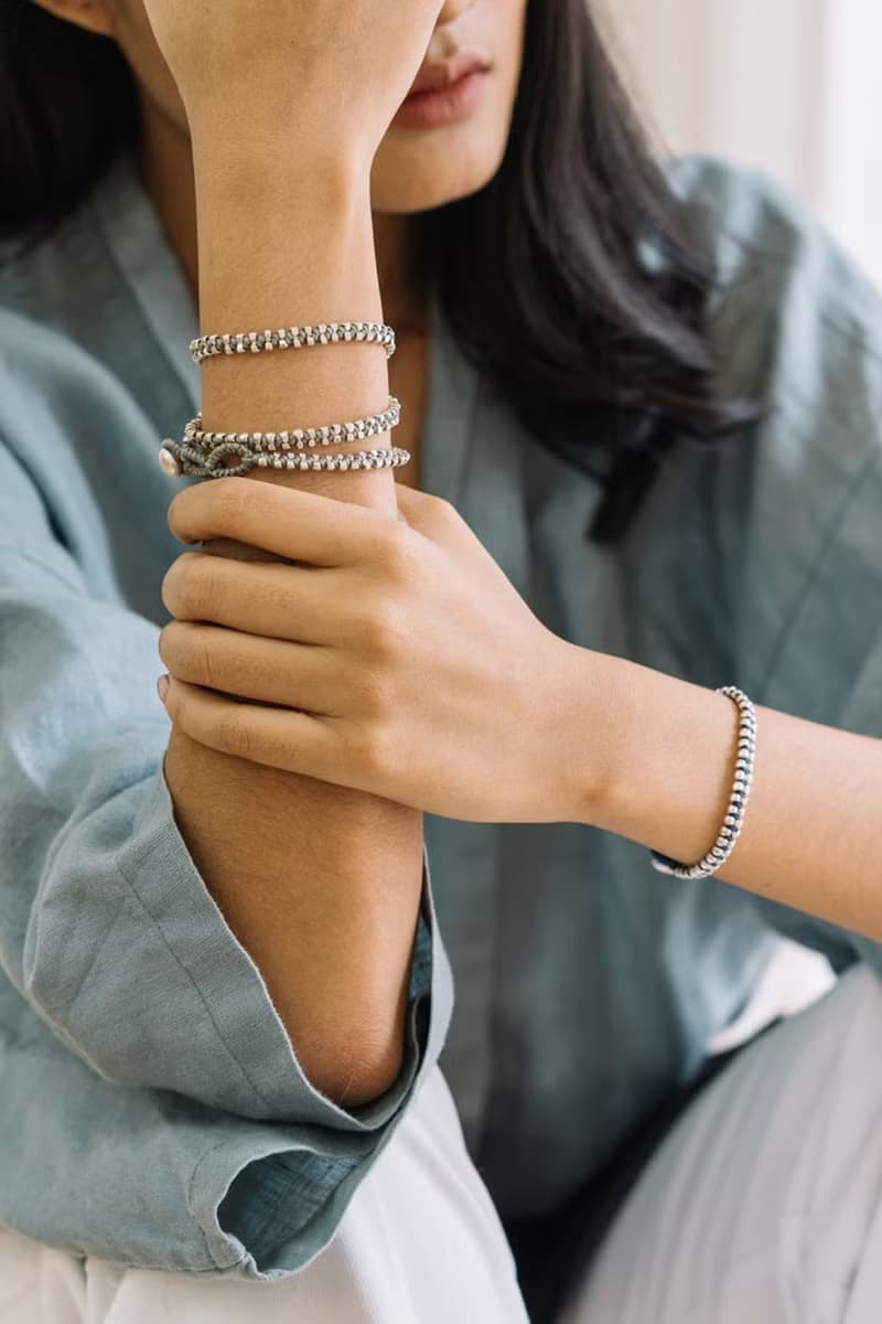 Silver beads and waxed cotton cord wraparound unisex bracelet  (B0082L)