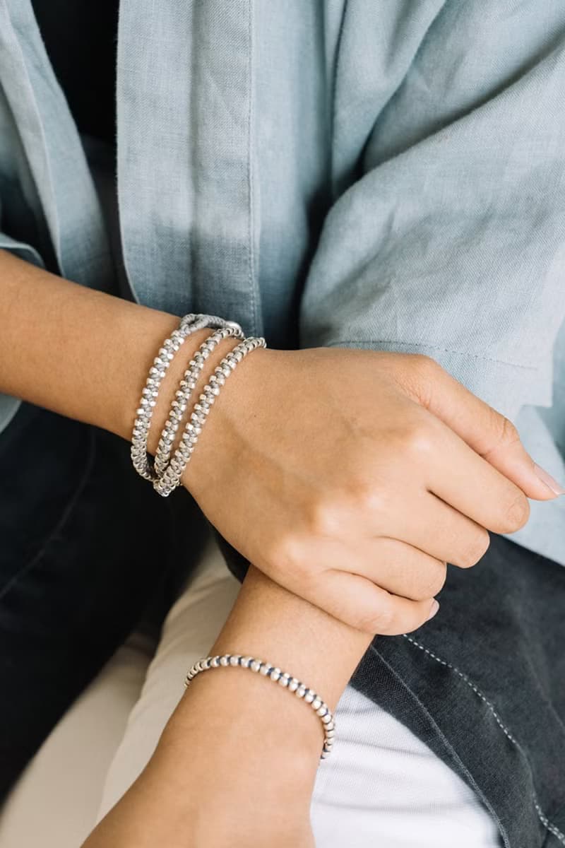 Silver beads and waxed cotton cord wraparound unisex bracelet  (B0082L)