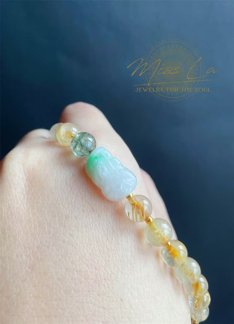 開運 招財 天然緬甸玉 翡翠 貔貅 金髮晶 禮物 水晶 手鍊