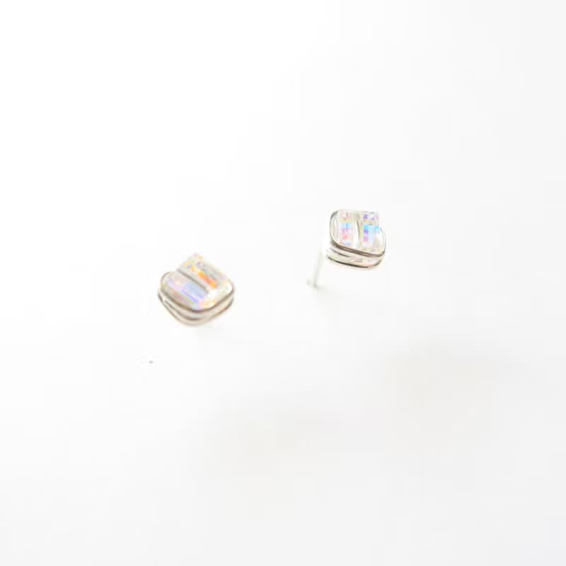 925純銀 冰鑽 方形 彩光水晶 耳針耳環-耳夾