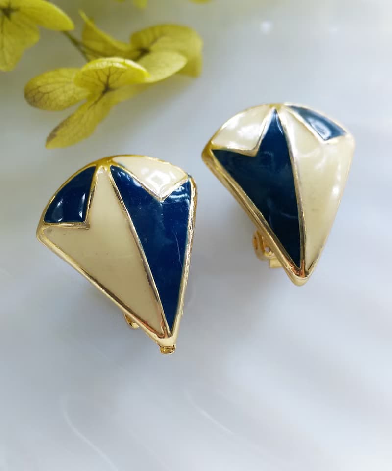 Vintage Jewelry 西洋古董飾品 個性幾何 雙色 小貼耳  夾式耳環