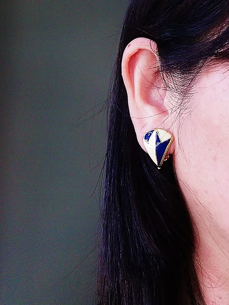 Vintage Jewelry 西洋古董飾品 個性幾何 雙色 小貼耳  夾式耳環