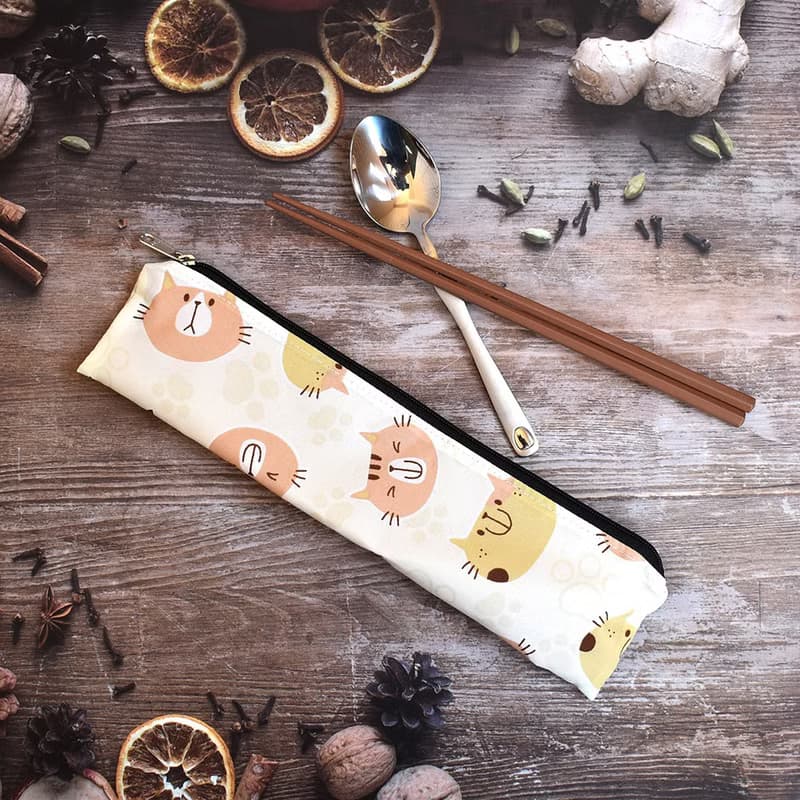 外出餐具組(筷袋+筷子+湯匙)_微笑貓咪