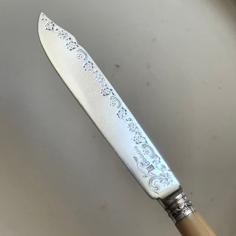 50475-絕美古董純銀環珍稀材質手柄刀叉組