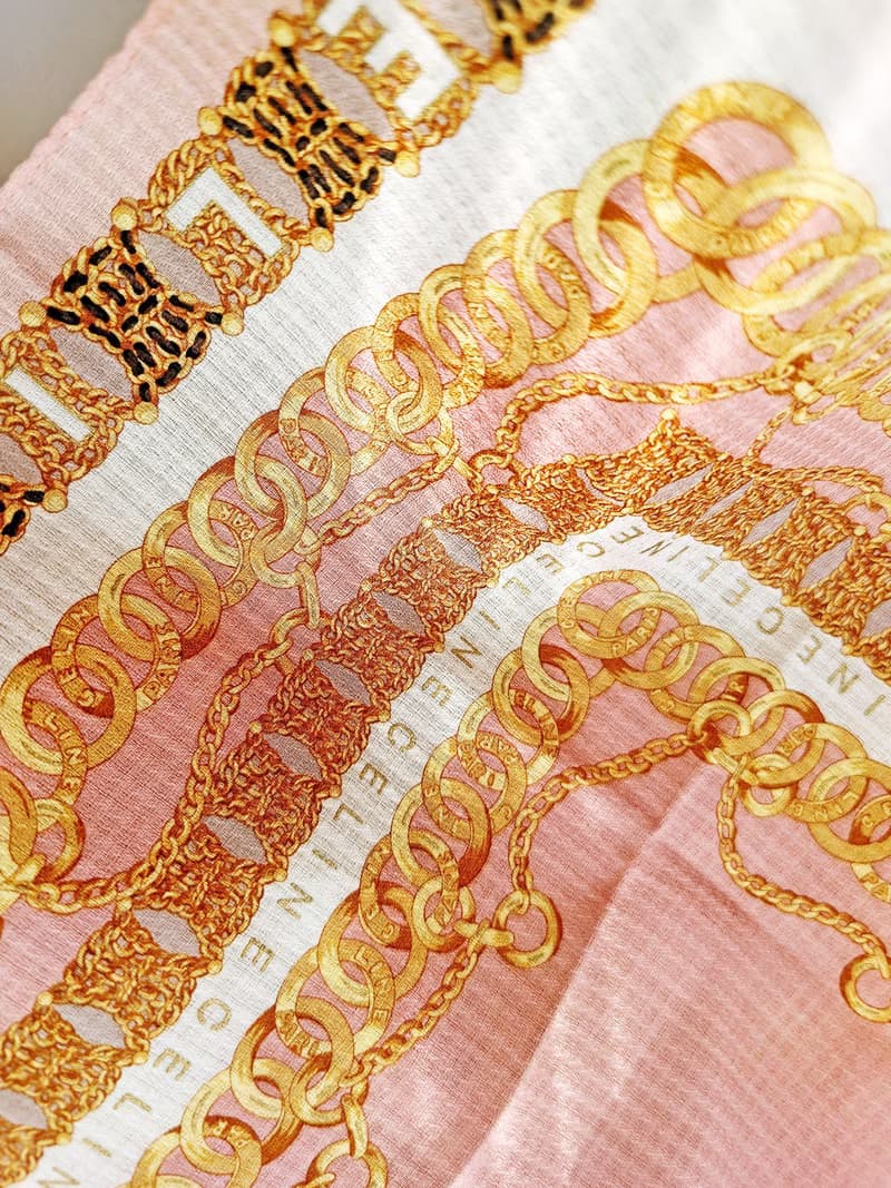 全新 CELINE 金環金幣流蘇鏈條 粉色手巾方巾手帕 綁包帶圍巾絲巾