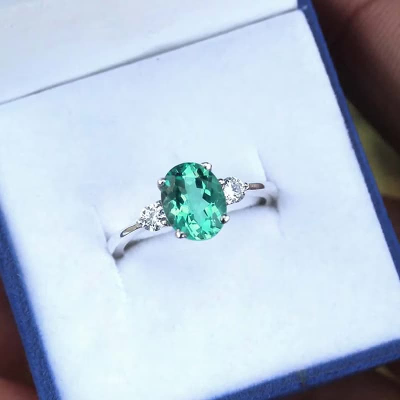 9 x 7 mm Blue green natural topaz ring silver sterling 925 size 7.0 free resize