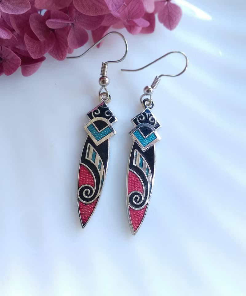 Vintage Jewelry 西洋古董飾品 景泰藍 圖騰黑底 耳勾 針式耳環