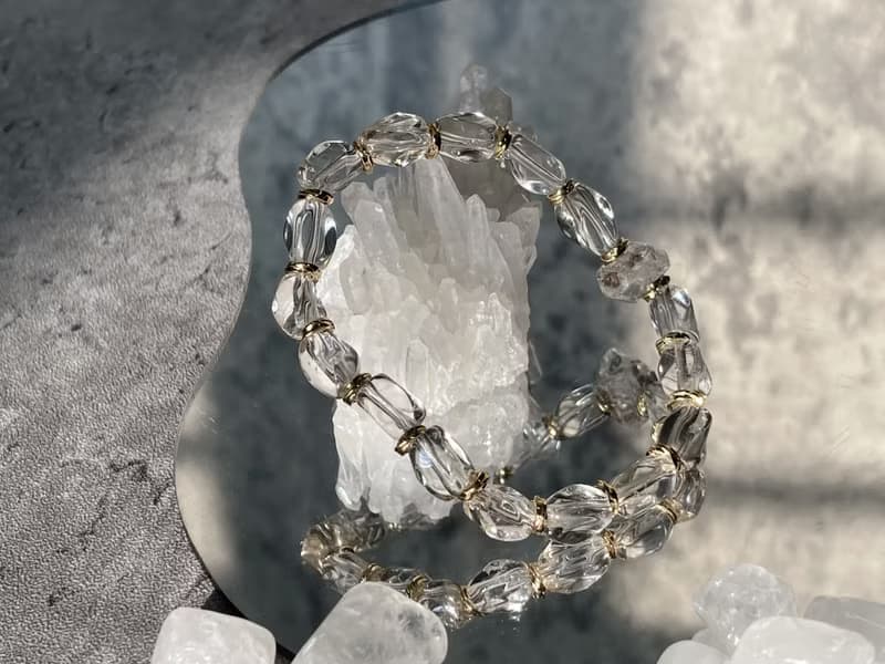 【聖托里尼日落。手鍊】黑沙閃靈鑽、天然白水晶|14KGF、中性手鏈