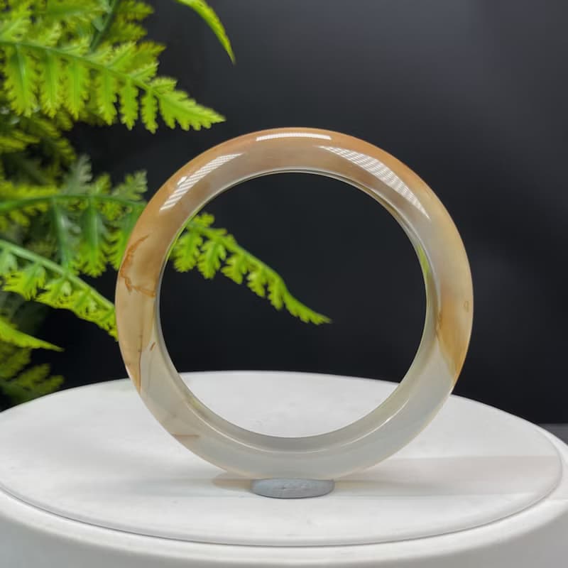 精品 香檳金瑪瑙手鐲 54MM 冰潤起光龍鱗紋飄花玉髓手環 辟邪福祿