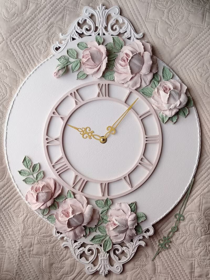 掛鐘 Large Pink wall clock with roses Silent clock for bedroom or girl room Gift