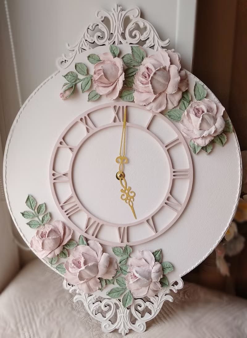 掛鐘 Large Pink wall clock with roses Silent clock for bedroom or girl room Gift