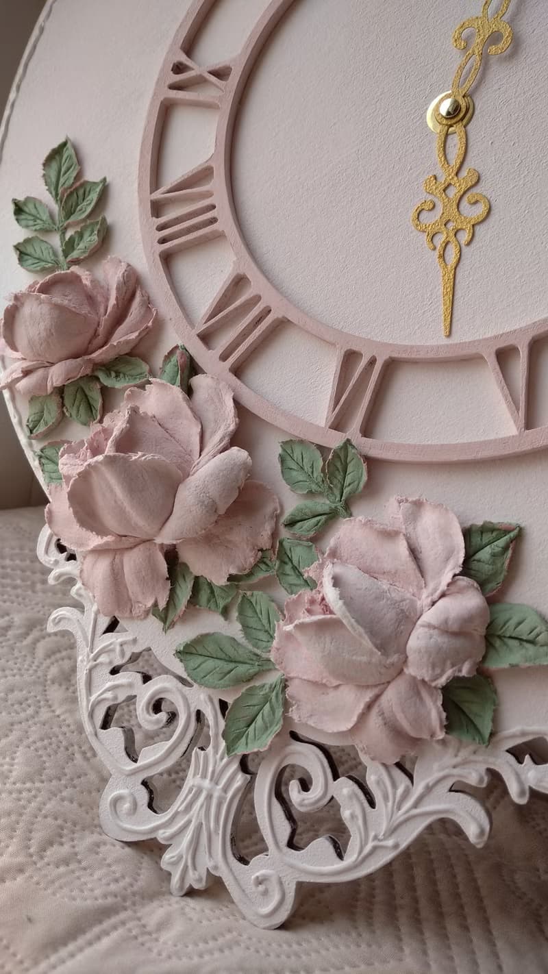 掛鐘 Large Pink wall clock with roses Silent clock for bedroom or girl room Gift