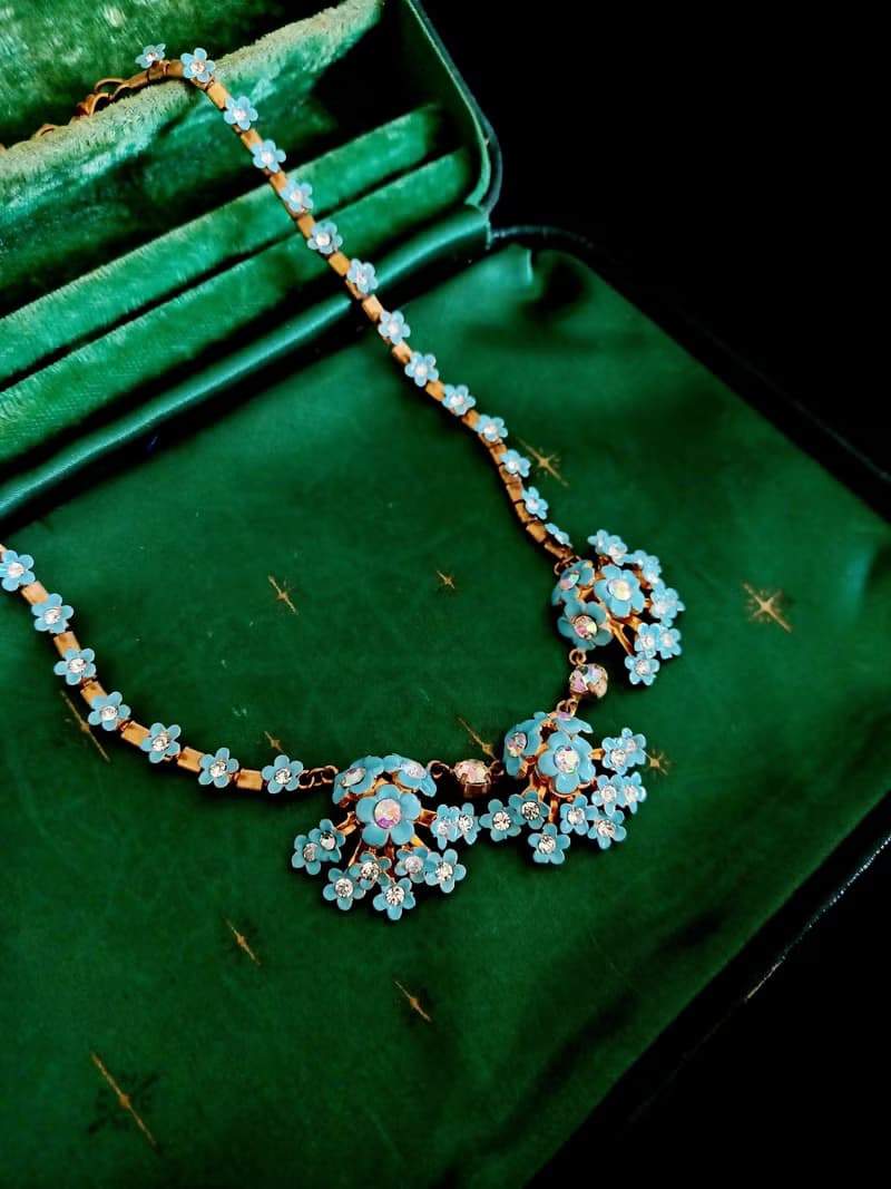 vintage jewelry 古董黃銅藍色琺瑯小雛菊項鍊