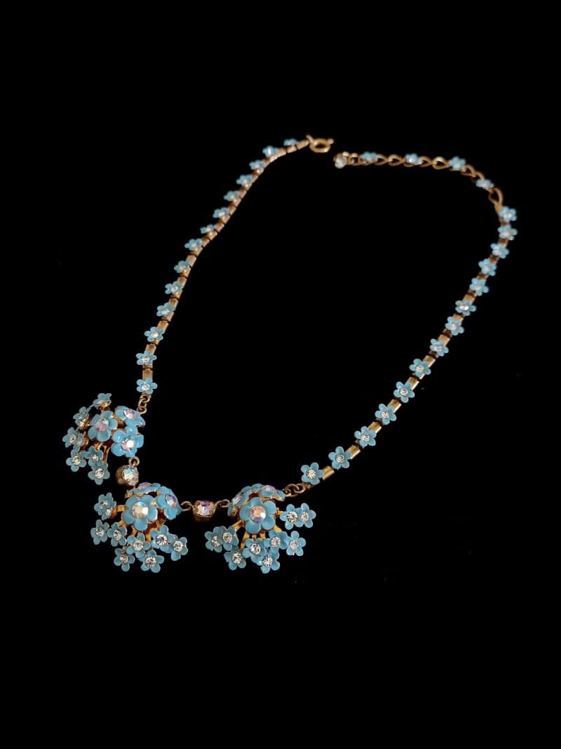 vintage jewelry 古董黃銅藍色琺瑯小雛菊項鍊