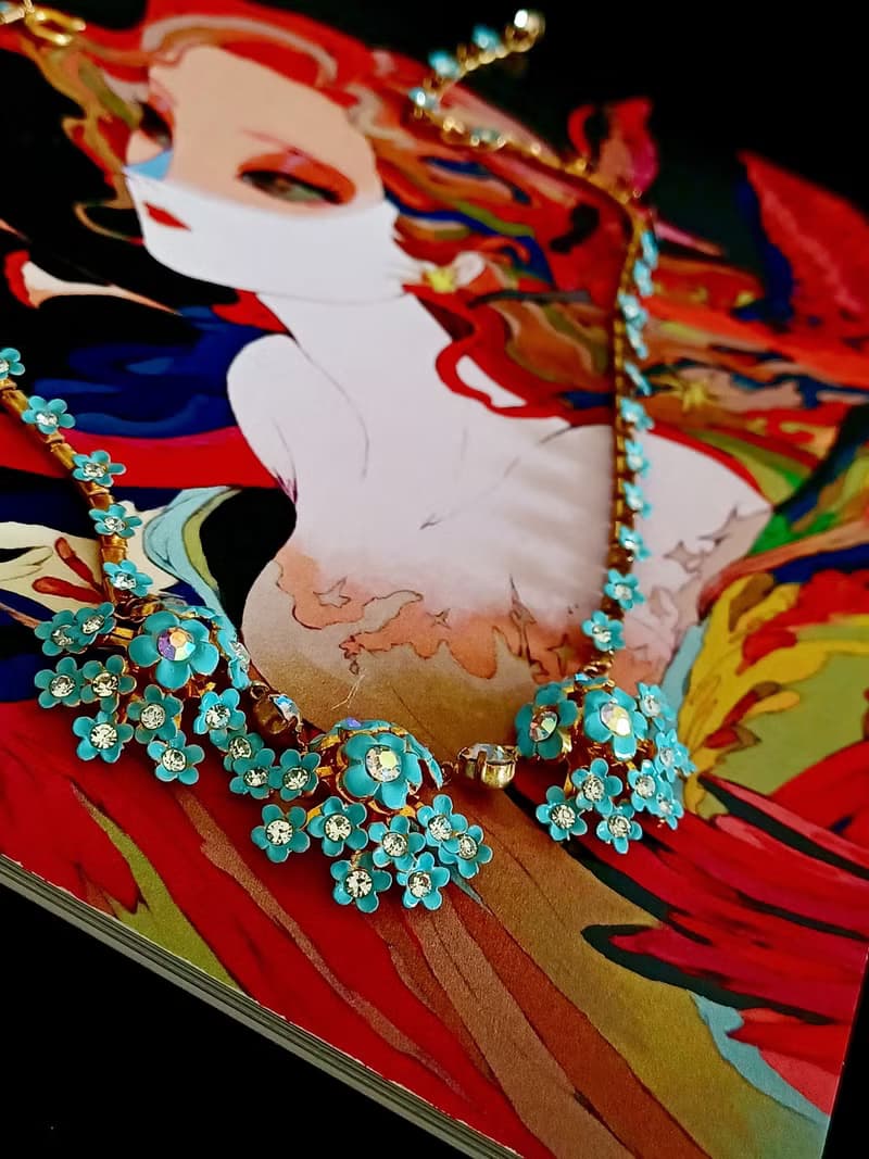 vintage jewelry 古董黃銅藍色琺瑯小雛菊項鍊