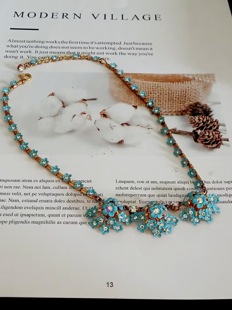 vintage jewelry 古董黃銅藍色琺瑯小雛菊項鍊