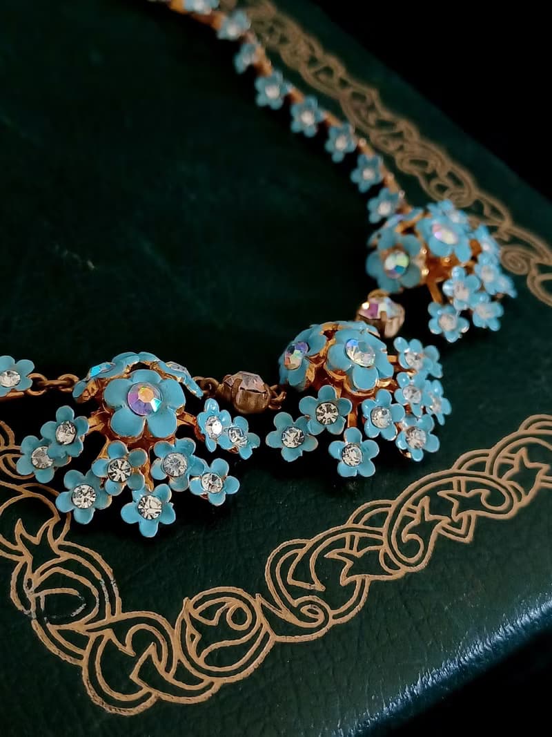vintage jewelry 古董黃銅藍色琺瑯小雛菊項鍊